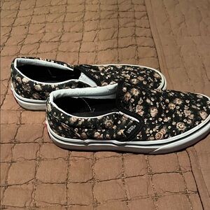 Vans Black and Brown Floral Slip-Ons